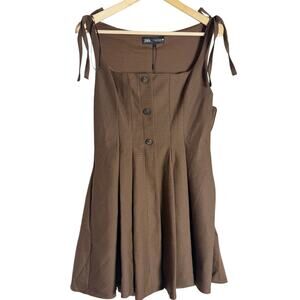 Zara Brown Houndstooth Check Square Neck Pleated A-Line Mini Dress Small